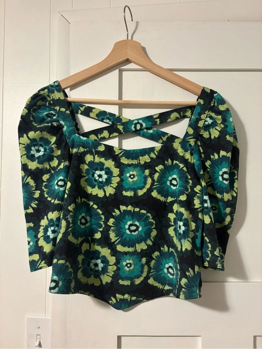 Free People NWT Floral Cropped Puff-Sleeve Crisscross Top in Black, Teal, Lime